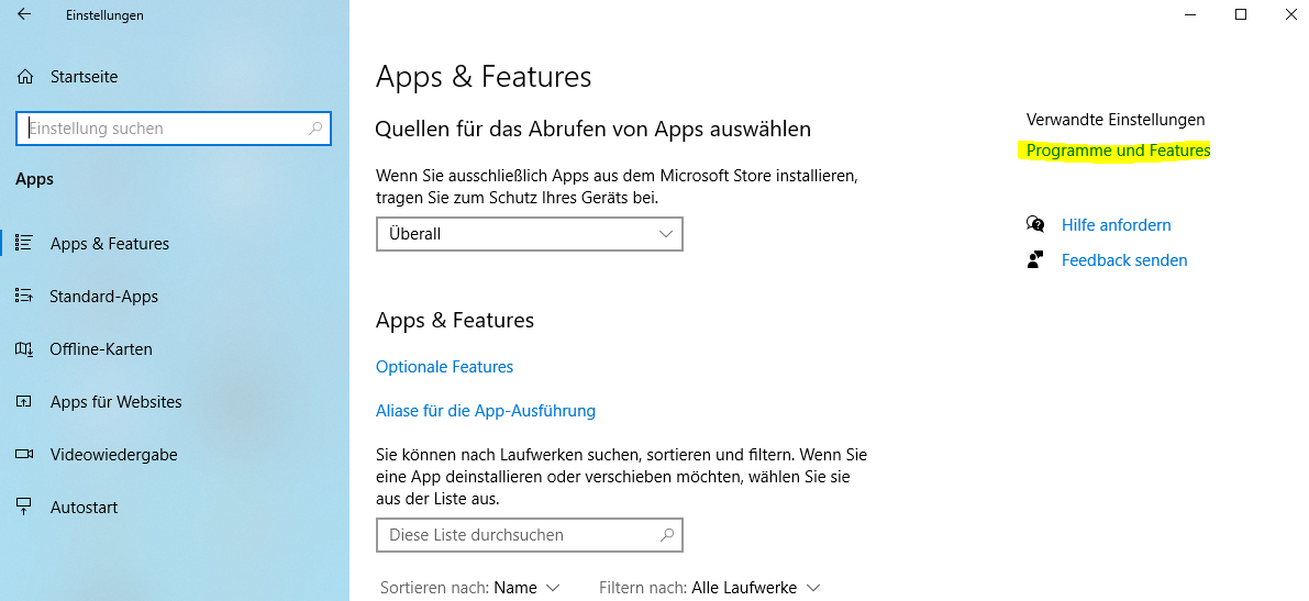 Bild: Apps- und Features in Windows 10