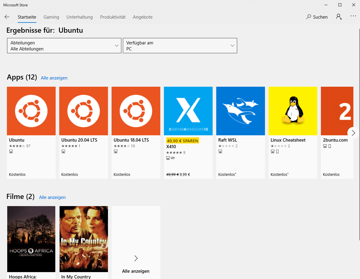 Bild: Suchergebnisse für "Ubuntu" im Microsoft Store